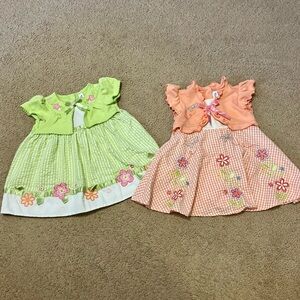 (2) Youngland baby dresses Sz 12M gingham, embroidered floral & matching shrug